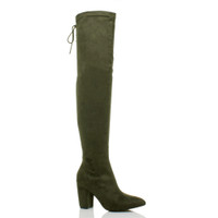 Front right side view of Khaki Suede High Block Heel Lace Up Over The Knee Boots