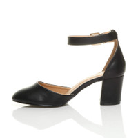 Left side view of Black PU Mid Block Heel Ankle Strap Sandals Court Shoes