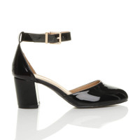 Right side view of Black Patent Mid Block Heel Ankle Strap Sandals Court Shoes