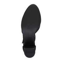 Bottom view of the sole of Black Suede Mid Block Heel Ankle Strap Sandals Court Shoes