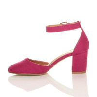 Left side view of Fuchsia Pink Suede Mid Block Heel Ankle Strap Sandals Court Shoes