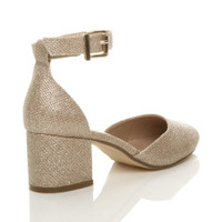 Back right side view of Gold Glitter Mid Block Heel Ankle Strap Sandals Court Shoes