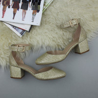 Closeup view of features of Gold Glitter Mid Block Heel Ankle Strap Sandals Court Shoes