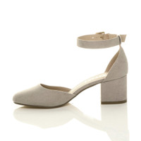 Left side view of Grey Suede Mid Block Heel Ankle Strap Sandals Court Shoes
