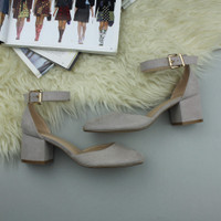Closeup view of features of Grey Suede Mid Block Heel Ankle Strap Sandals Court Shoes