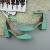 Closeup view of features of Mint Suede Mid Block Heel Ankle Strap Sandals Court Shoes