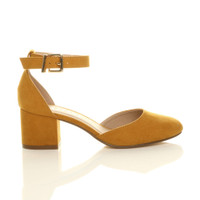 Right side view of Mustard Yellow Suede Mid Block Heel Ankle Strap Sandals Court Shoes