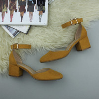 Closeup view of features of Mustard Yellow Suede Mid Block Heel Ankle Strap Sandals Court Shoes
