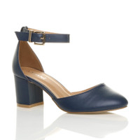 Front right side view of Navy PU Mid Block Heel Ankle Strap Sandals Court Shoes