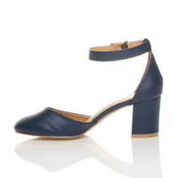 Left side view of Navy PU Mid Block Heel Ankle Strap Sandals Court Shoes
