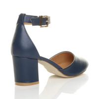 Back right side view of Navy PU Mid Block Heel Ankle Strap Sandals Court Shoes