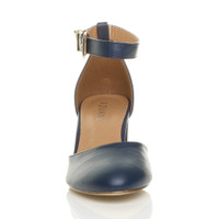 Front view of Navy PU Mid Block Heel Ankle Strap Sandals Court Shoes