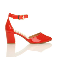 Right side view of Red Patent Mid Block Heel Ankle Strap Sandals Court Shoes