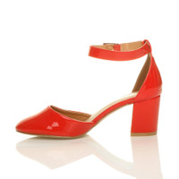 Left side view of Red Patent Mid Block Heel Ankle Strap Sandals Court Shoes