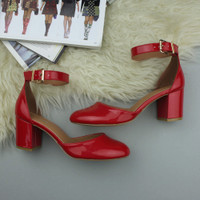 Closeup view of features of Red Patent Mid Block Heel Ankle Strap Sandals Court Shoes