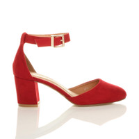 Right side view of Red Suede Mid Block Heel Ankle Strap Sandals Court Shoes