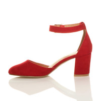 Left side view of Red Suede Mid Block Heel Ankle Strap Sandals Court Shoes