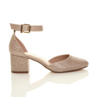 Right side view of Rose Gold Glitter Mid Block Heel Ankle Strap Sandals Court Shoes