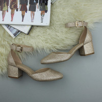 Closeup view of features of Rose Gold Glitter Mid Block Heel Ankle Strap Sandals Court Shoes