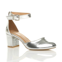 Front right side view of Silver PU Mid Block Heel Ankle Strap Sandals Court Shoes