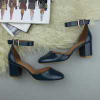 Closeup view of features of Teal Patent Mid Block Heel Ankle Strap Sandals Court Shoes
