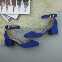 Closeup view of features of Cobalt Blue Suede Mid Block Heel Ankle Strap Sandals Court Shoes