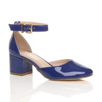 Front right side view of Cobalt Blue Patent Mid Block Heel Ankle Strap Sandals Court Shoes