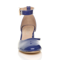 Front view of Cobalt Blue Patent Mid Block Heel Ankle Strap Sandals Court Shoes