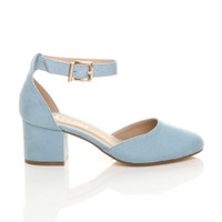 Right side view of Pale Blue Suede Mid Block Heel Ankle Strap Sandals Court Shoes