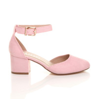 Right side view of Pale Pink Suede Mid Block Heel Ankle Strap Sandals Court Shoes