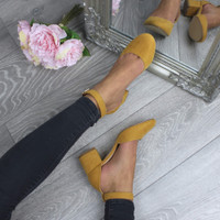 Model wearing Mustard Yellow Suede Mid Block Heel Ankle Strap Sandals Court Shoes