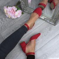 Model wearing Red Suede Mid Block Heel Ankle Strap Sandals Court Shoes