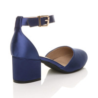 Back right side view of Navy Satin Mid Block Heel Ankle Strap Sandals Court Shoes