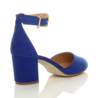 Back right side view of Cobalt Blue Suede Mid Block Heel Ankle Strap Sandals Court Shoes