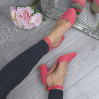 Model wearing Coral Suede Mid Block Heel Ankle Strap Sandals Court Shoes