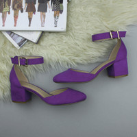 Purple Suede Mid Block Heel Ankle Strap Sandals Court Shoes