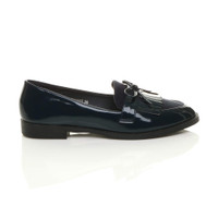 Right side view of Navy Patent Flat Low Heel Fringed Loafers Casual Smart Shoes