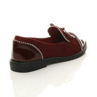 Back right side view of Burgundy Suede Flat Low Heel Bow Beaded Studded Loafers Shoes