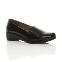 Front right side view of Black Mid Heel Wedge Elastic Comfort Loafers