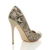 Back right side view of Beige Snake PU High Heel Stiletto Peep Toe Court Shoes Sandals