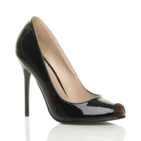 Front right side view of Black Patent High Heel Stiletto Peep Toe Court Shoes Sandals