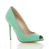 Front right side view of Mint Suede High Heel Stiletto Peep Toe Court Shoes Sandals