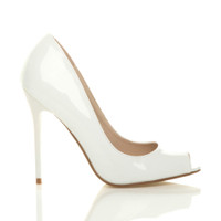 Right side view of White Patent High Heel Stiletto Peep Toe Court Shoes Sandals