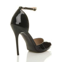 Back right side view of Black Patent High Heel Ankle Strap Stiletto Peep Toe Shoes Sandals