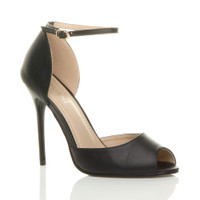 Front right side view of Black PU High Heel Ankle Strap Stiletto Peep Toe Shoes Sandals