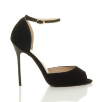 Right side view of Black Suede High Heel Ankle Strap Stiletto Peep Toe Shoes Sandals