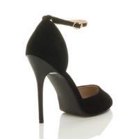 Back right side view of Black Suede High Heel Ankle Strap Stiletto Peep Toe Shoes Sandals