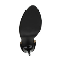 Bottom view of the sole of Black Suede High Heel Ankle Strap Stiletto Peep Toe Shoes Sandals