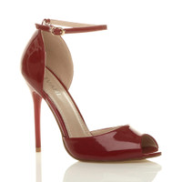 Front right side view of Burgundy Patent High Heel Ankle Strap Stiletto Peep Toe Shoes Sandals