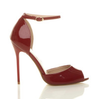 Right side view of Burgundy Patent High Heel Ankle Strap Stiletto Peep Toe Shoes Sandals